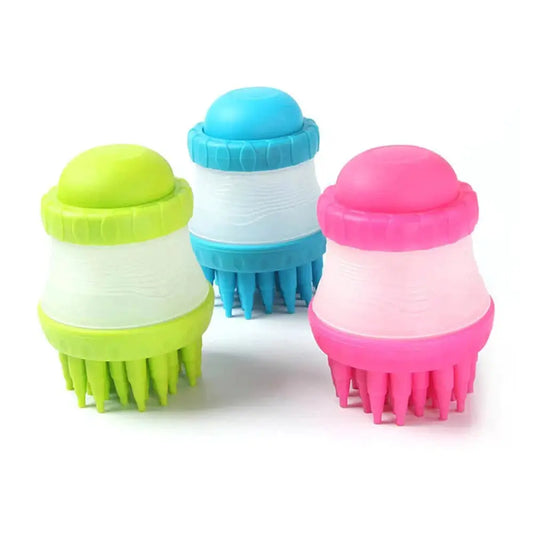 This pet bath brush features a soft-rubber design, With shampoo dispenser