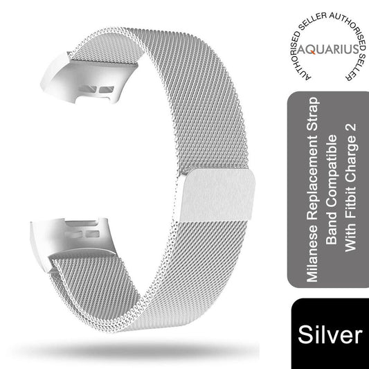 Aquarius Milanese Replacement Strap Band Compatible With Fitbit Charge 2, Silver